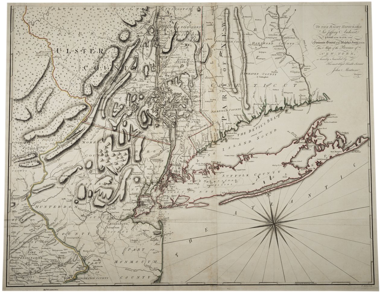 Kart over delstaten Lower New York og områdene rundt, ca. 1775 av John Montresor