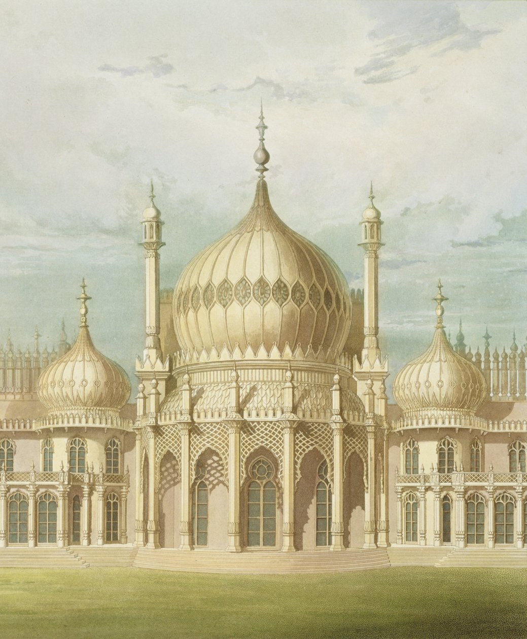 Eksteriør av salongen fra Views of the Royal Pavilion, Brighton av John Nash, 1826 (trykk) av John Nash