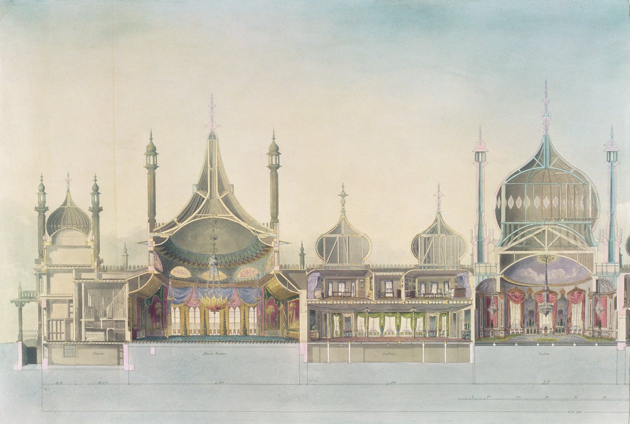 Lengdesnitt (L til R) Orgel, musikkrom, galleri, salong, bankettrom, siderom, kjøkken fra utsikt over Royal Pavilion, Brighton, av John Nash, 1826 (trykk) av John Nash