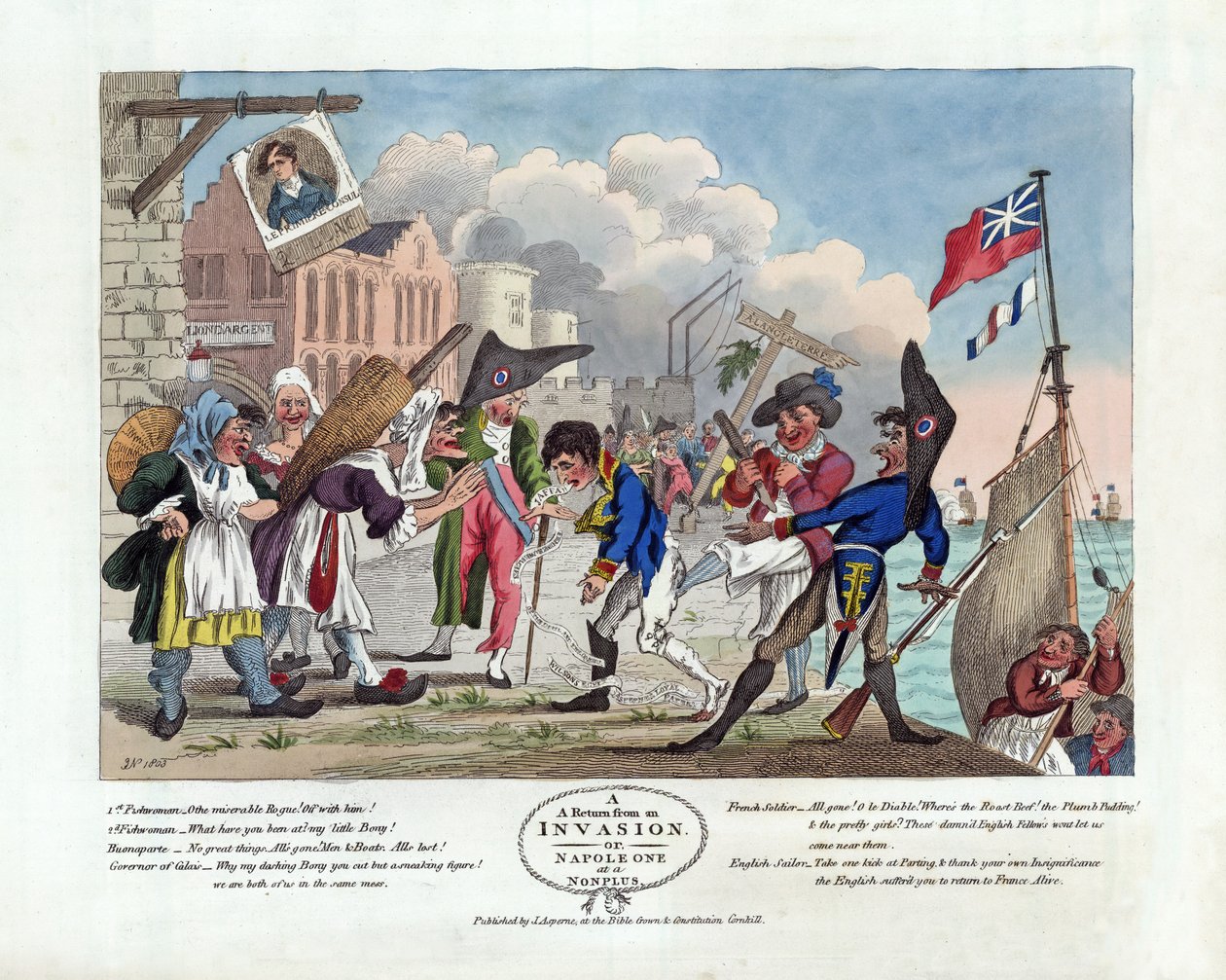 A Return From An Invasion, eller Napoleon at a Nonplus, utgitt 1803 (håndfarget etsning) av John Nixon