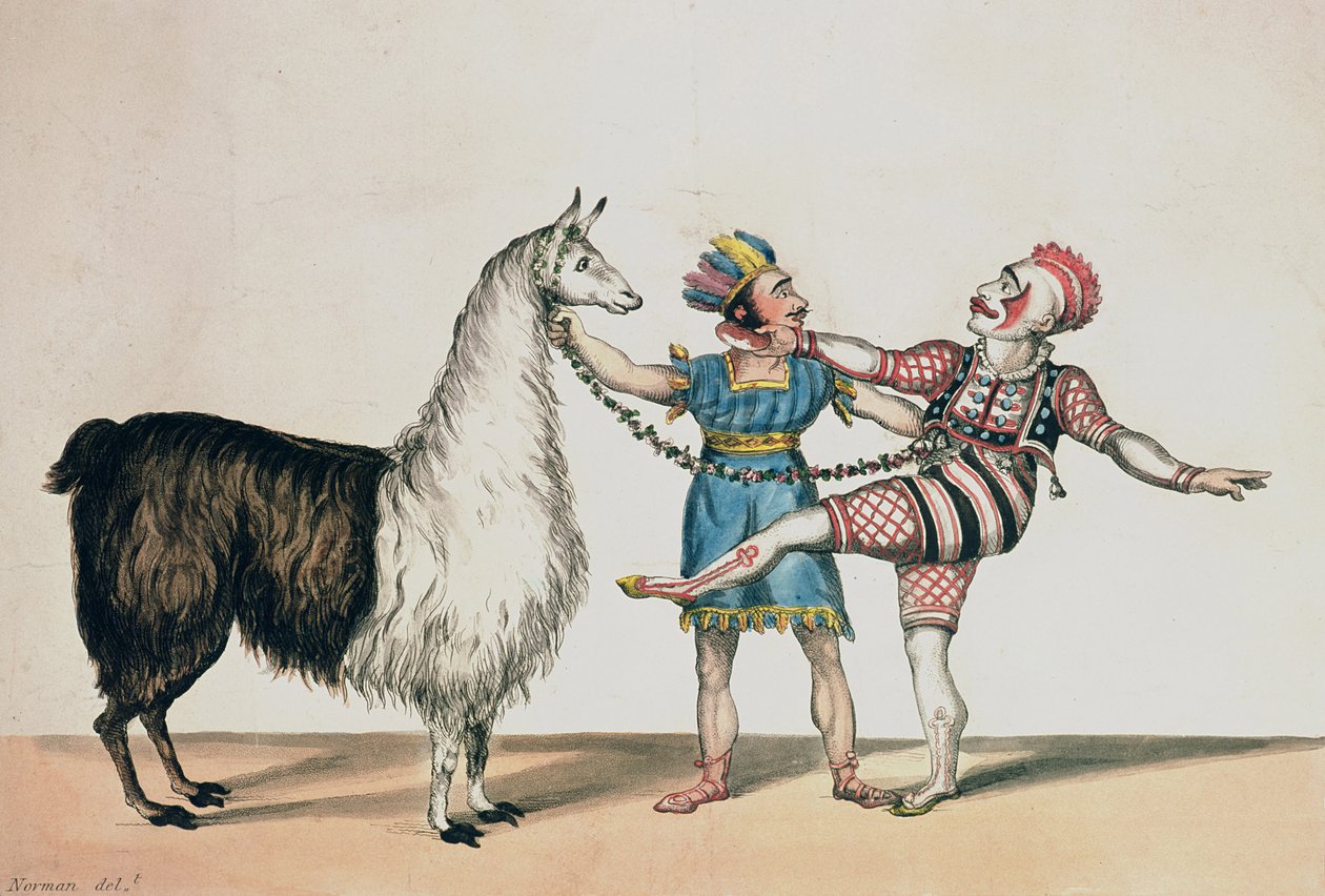 Grimaldi and the Alpaca, i den populære Pantomime of the Red Dwarf, pub. 1813 i London av John Norman