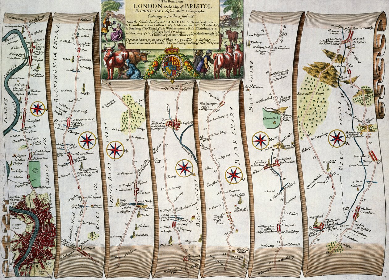 Veien fra London til Bristol, fra John Ogilbys 'Britannia', utgitt London, 1675 (håndfarget gravering) av John Ogilby