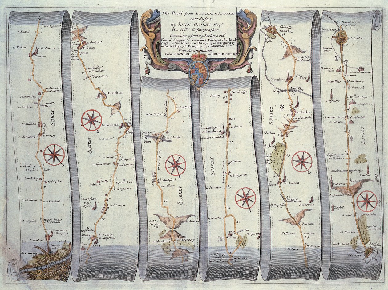 Veien fra London til Arundel (fargegravering) av John Ogilby