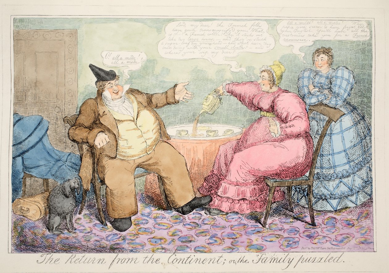 The Return from the Continent, eller The Family Puzzled, pub. 1835 (håndfarget etsning) av John Phillips