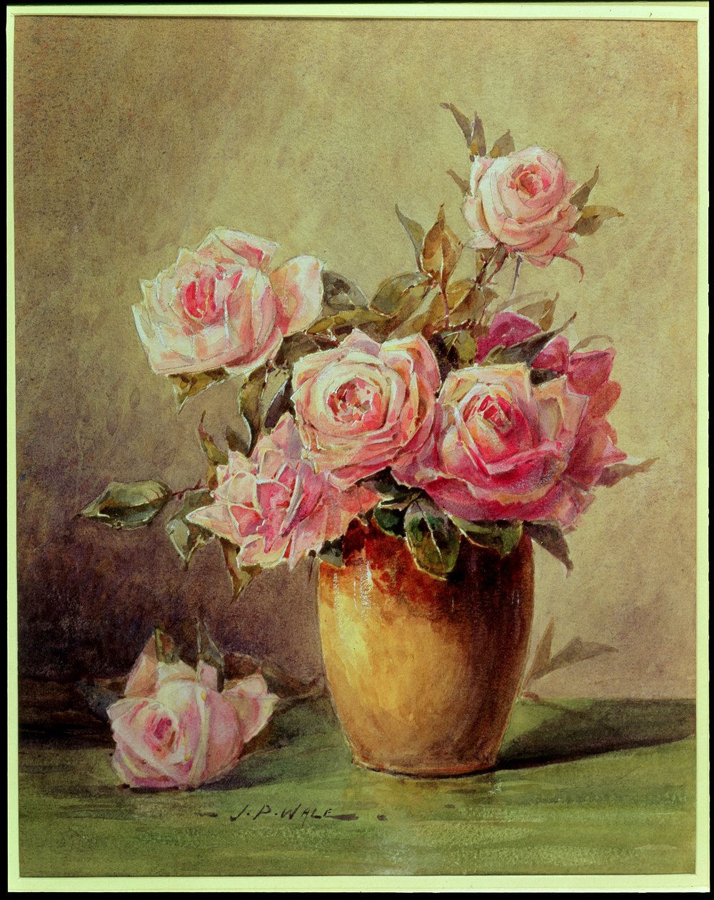 Rosa roser i en gul vase av John Porter Wale