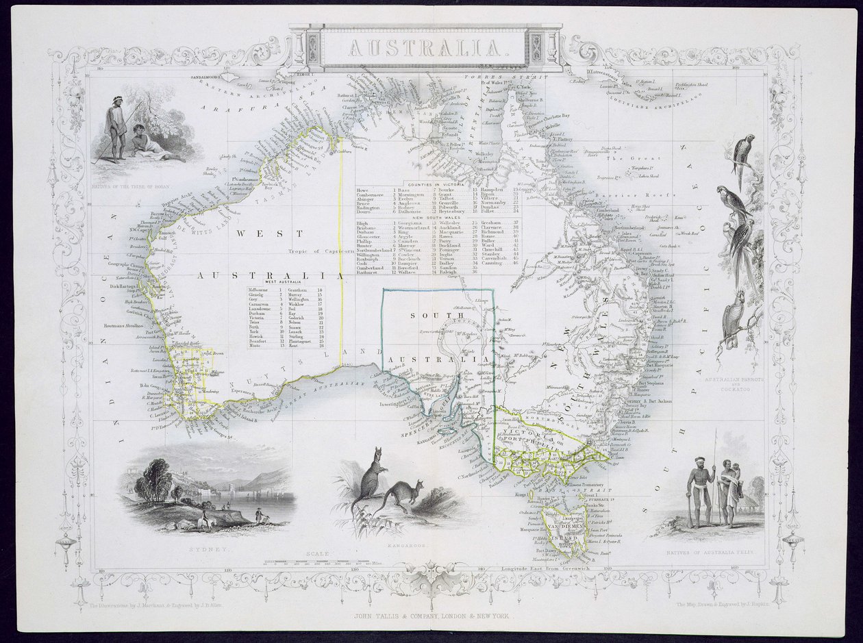 Australia, fra en serie med verdenskart utgitt av John Tallis und Co., London og New York, 1850-tallet av John Rapkin