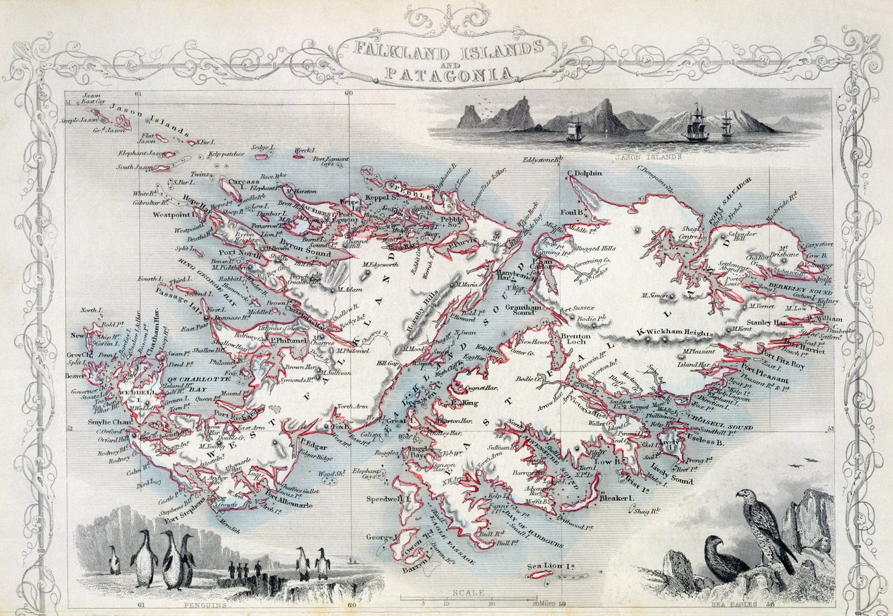 Falklandsøyene og Patagonia, fra en serie med verdenskart utgitt av John Tallis und Co., New York og London, 1850-tallet av John Rapkin