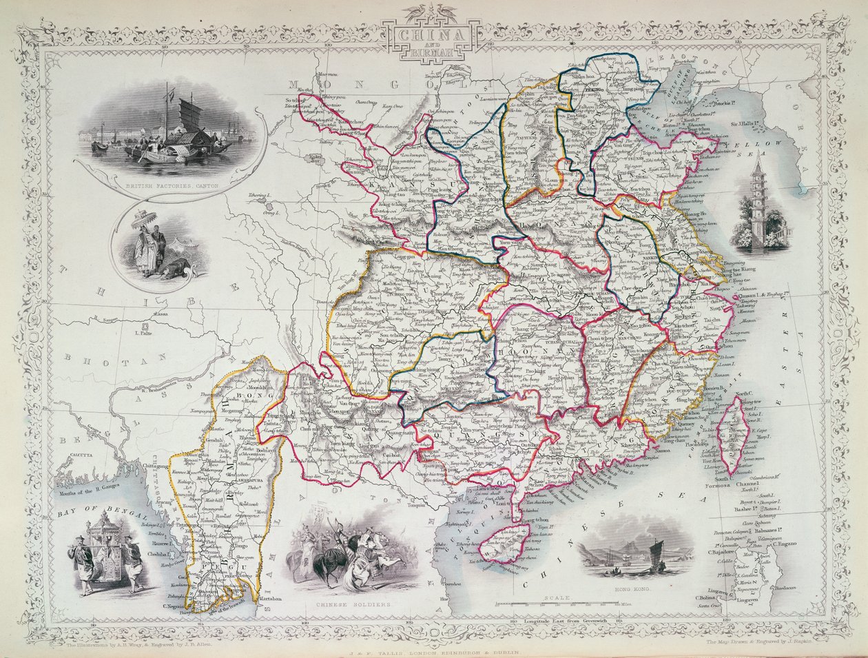 Kart over Kina og Birmah, 1851 (fargegravering) av John Rapkin