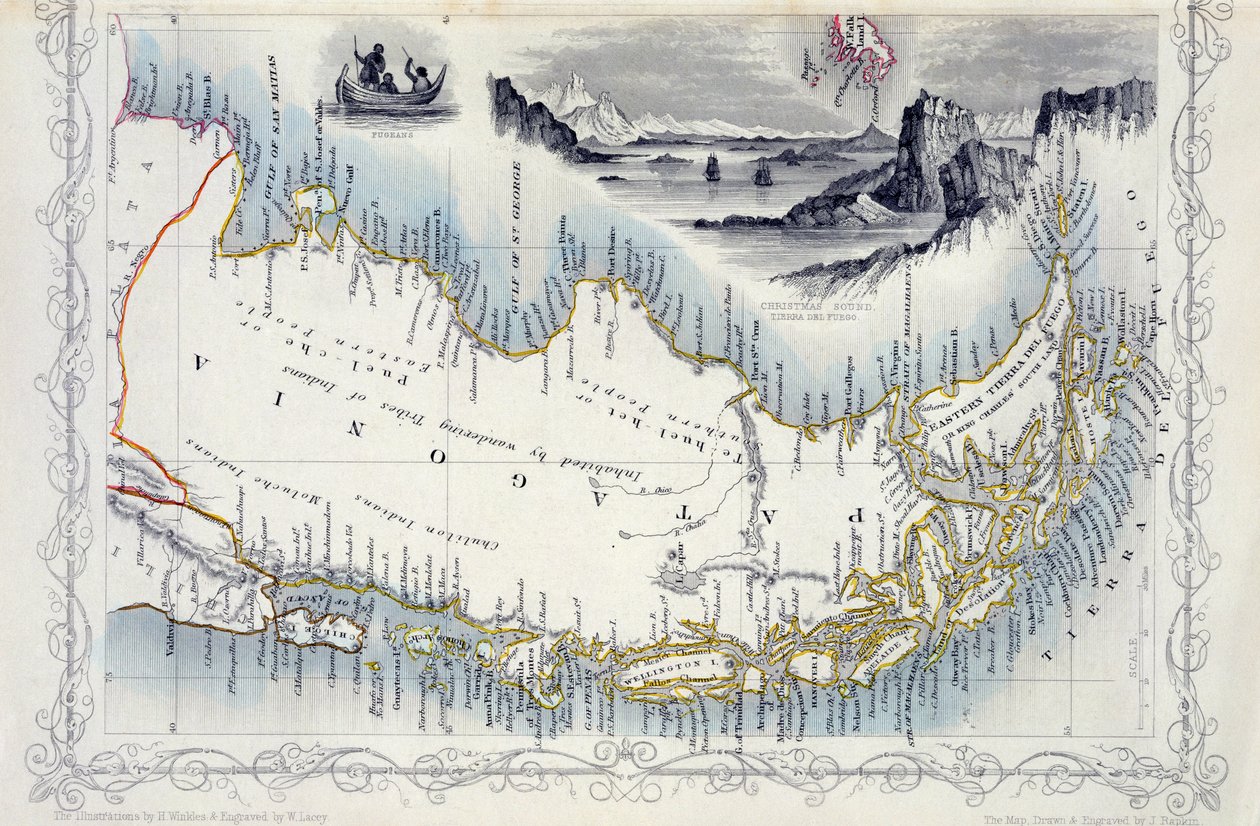 Patagonia, fra en serie med verdenskart utgitt av John Tallis und Co., New York og London, 1850-tallet av John Rapkin