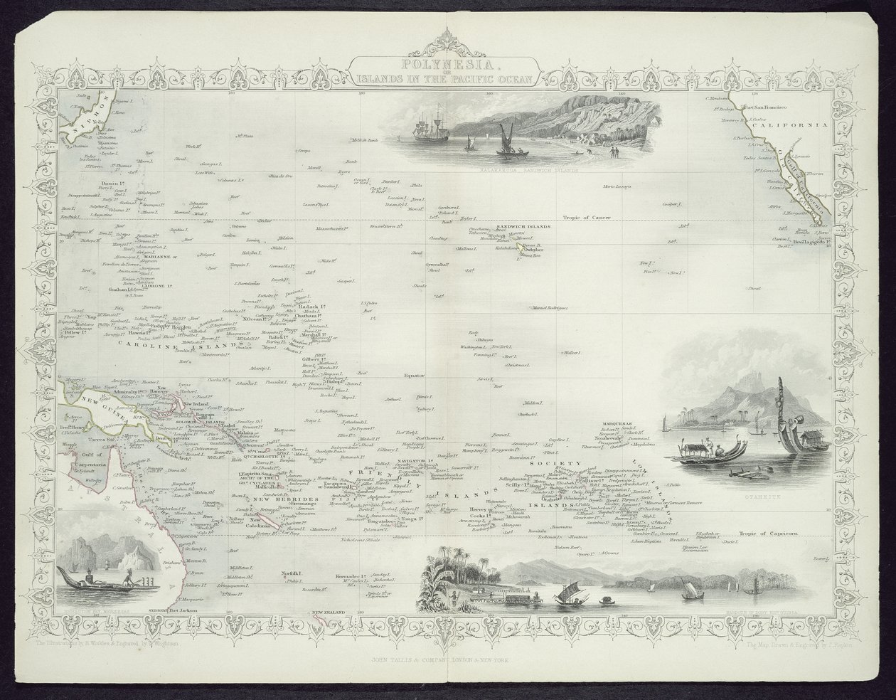 Polynesia eller øyer i Stillehavet, fra en serie verdenskart av John Tallis und Co., New York og London, 1850-tallet av John Rapkin