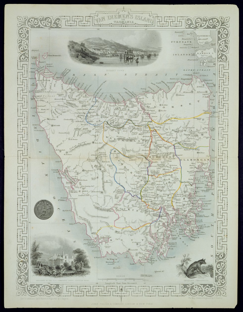 Van Diemens Island eller Tasmania, fra en serie med verdenskart utgitt av John Tallis und Co., London og New York, 1850-tallet av John Rapkin