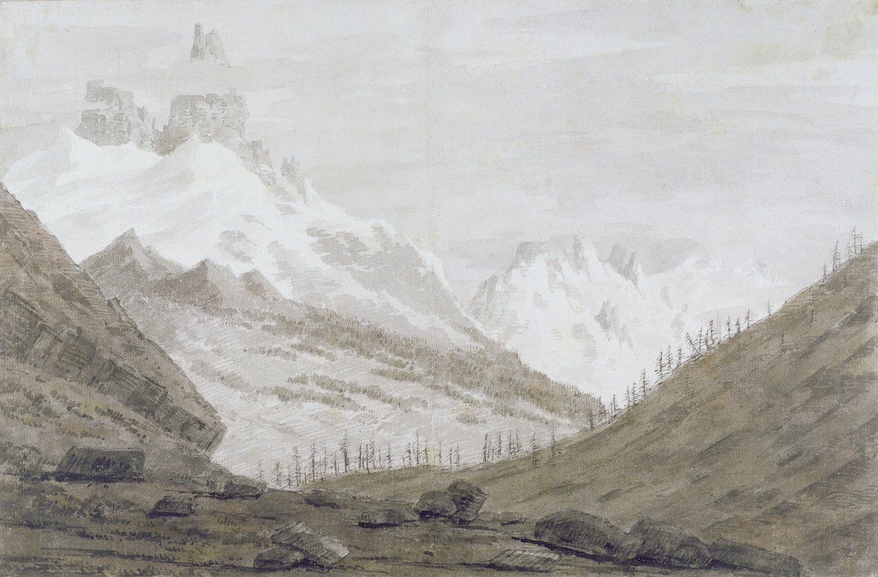 Mellom Chamonix og Martigny, 1776 (grafitt, penn og vask på papir) av John Robert Cozens