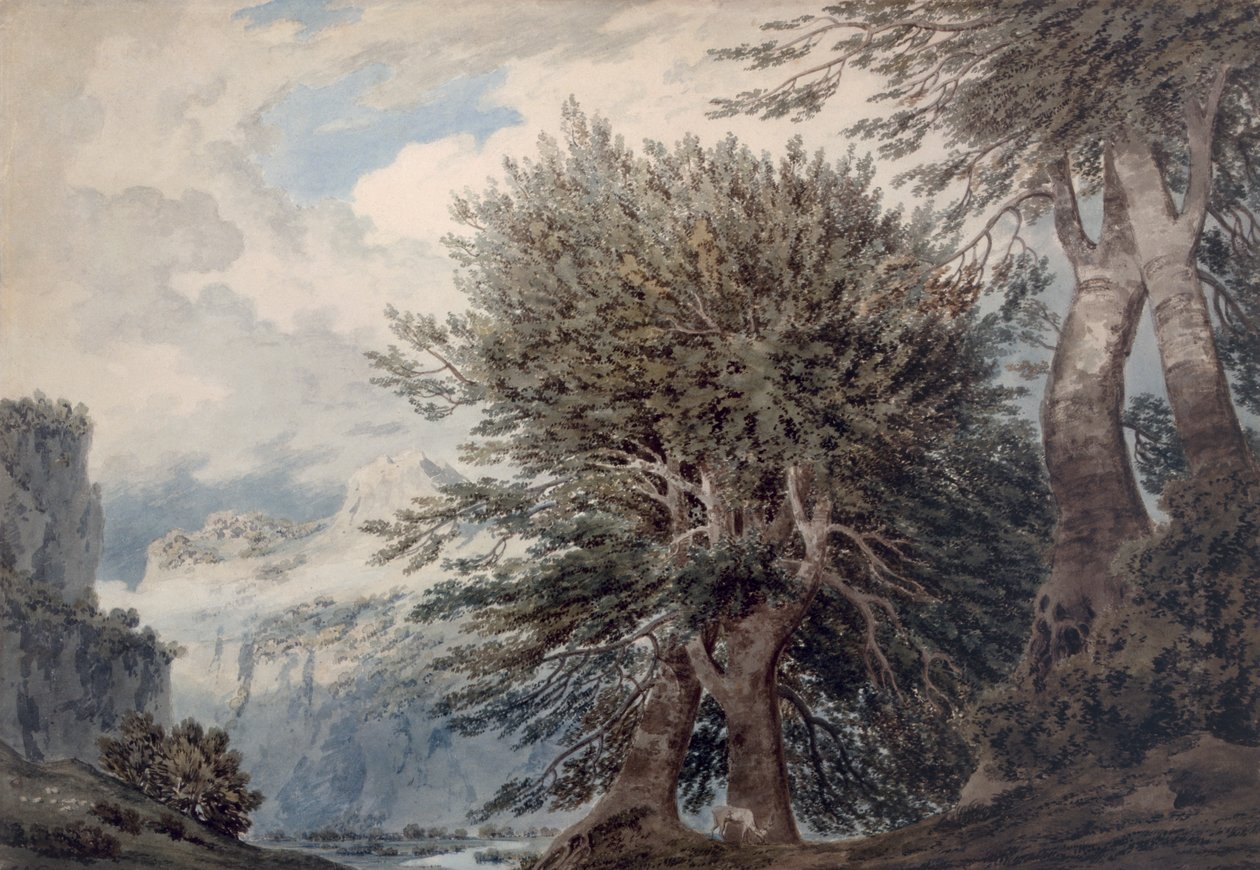 Fjelllandskap med bøketrær, 1792 av John Robert Cozens