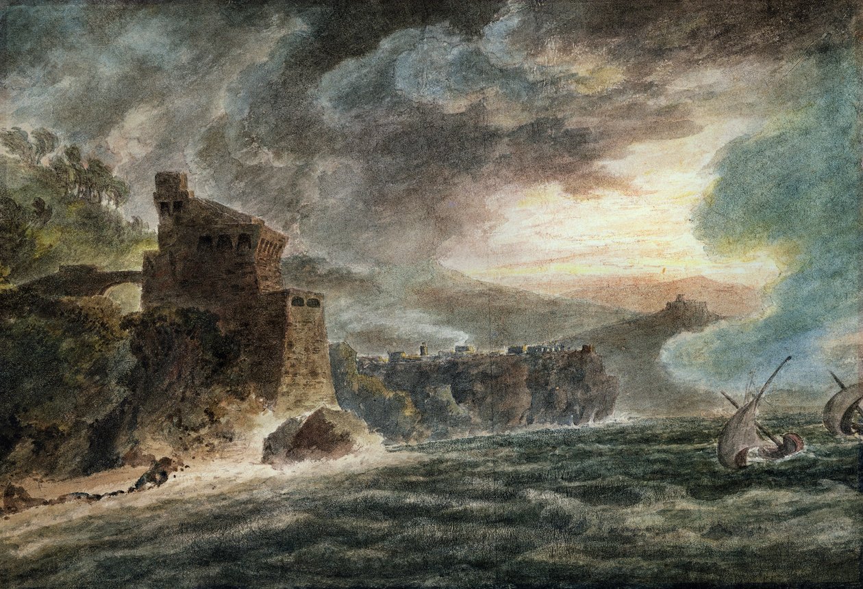 Nær Cetara, med Vietri og Salerno-slottet i det fjerne av John Robert Cozens