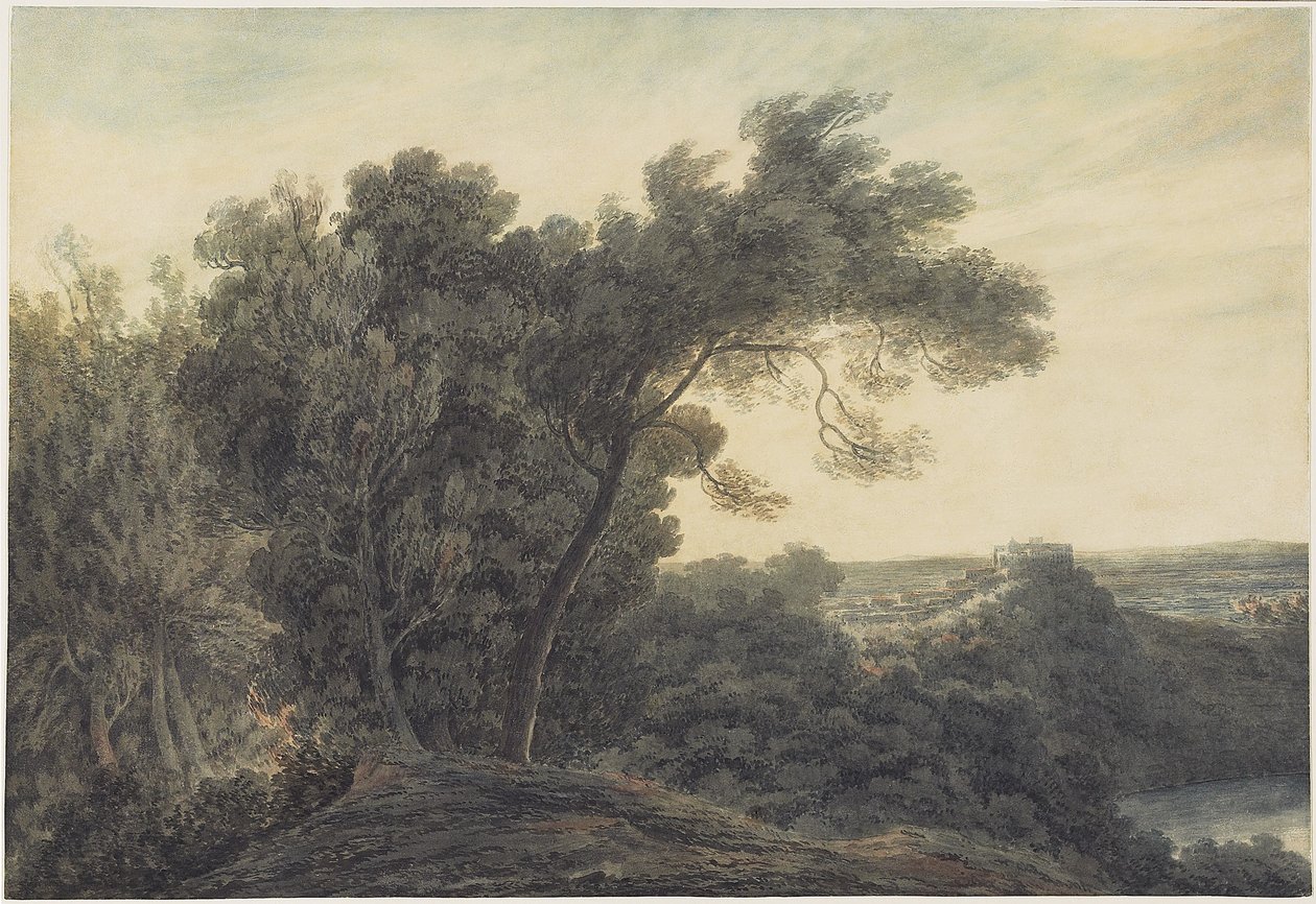 The Lake of Albano og Castel Gandolfo, ca. 1778 (wc over grafitt på vevd papir) av John Robert Cozens