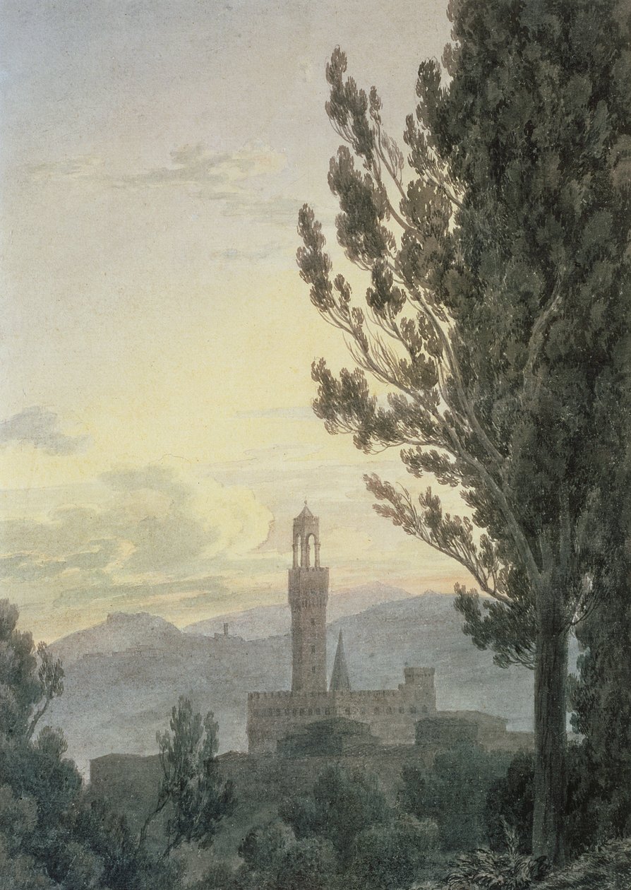 Palazzo Vecchio fra Boboli-hagene, Firenze (wc og blyant på papir) av John Robert Cozens