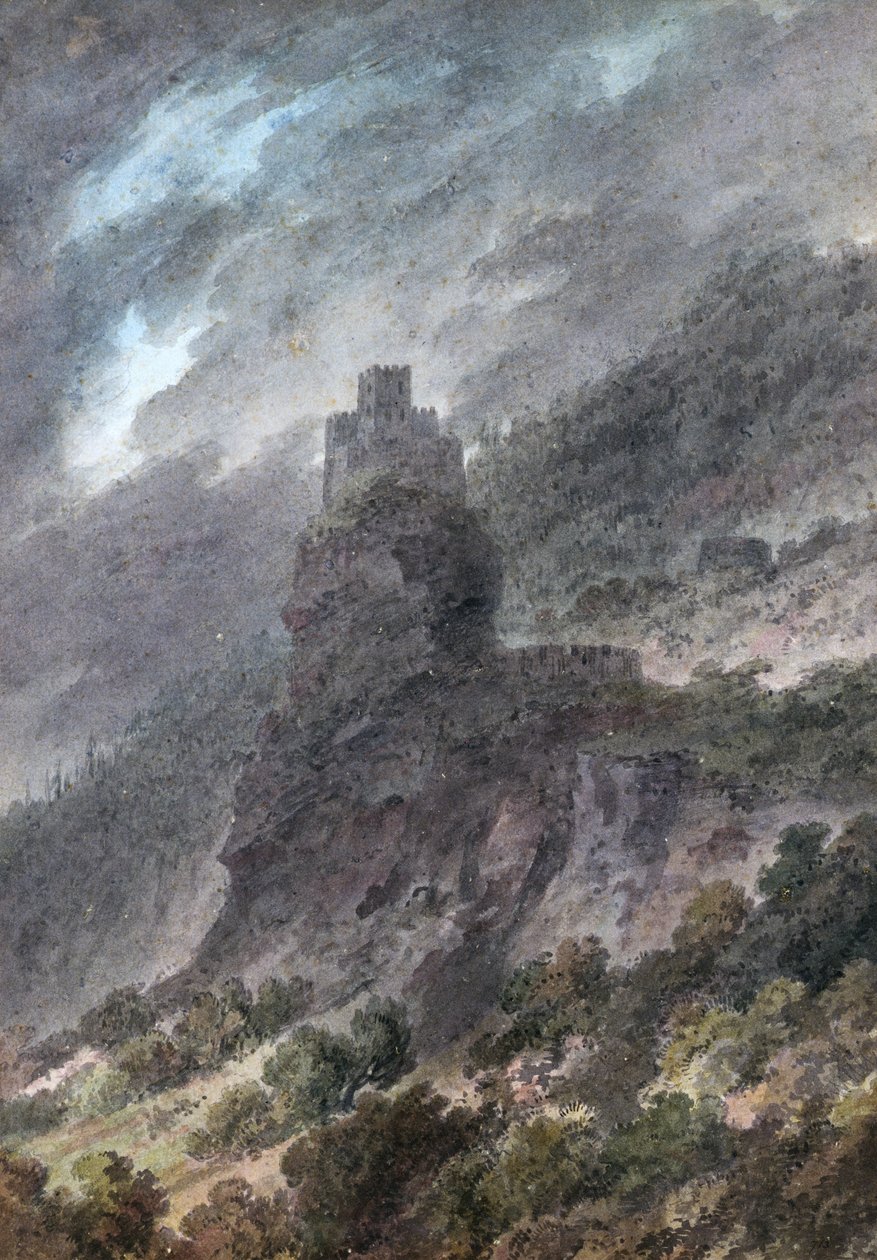 Utsikt over et slott mellom Bolzano og Trent, av John Robert Cozens