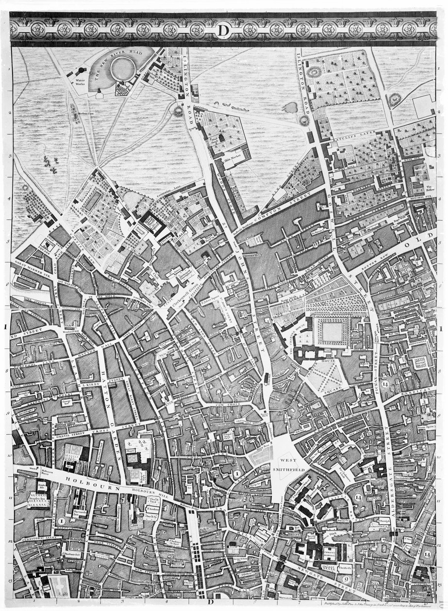 Et kart over Clerkenwell, City of London, 1746 av John Rocque