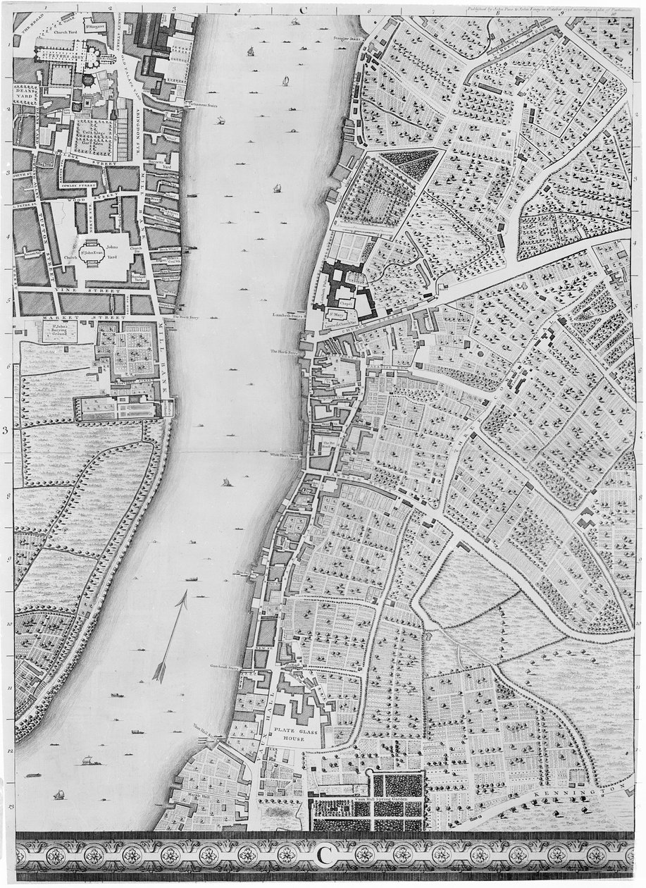 Et kart over Lambeth og Vauxhall, London, 1746 av John Rocque