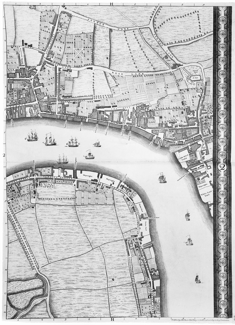 Et kart over Limehouse og Rotherhithe, London, 1746 av John Rocque