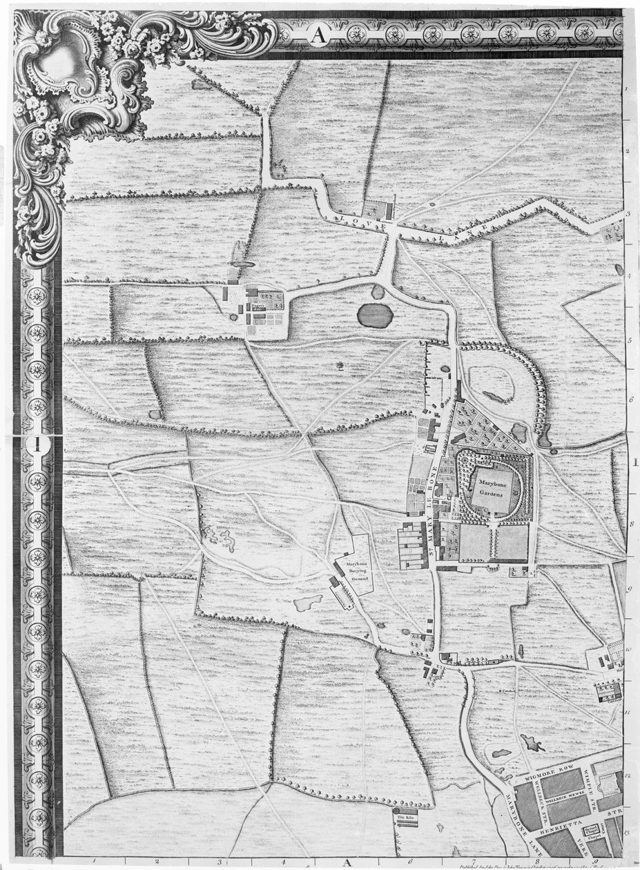 Et kart over Marylebone, London, 1746 av John Rocque