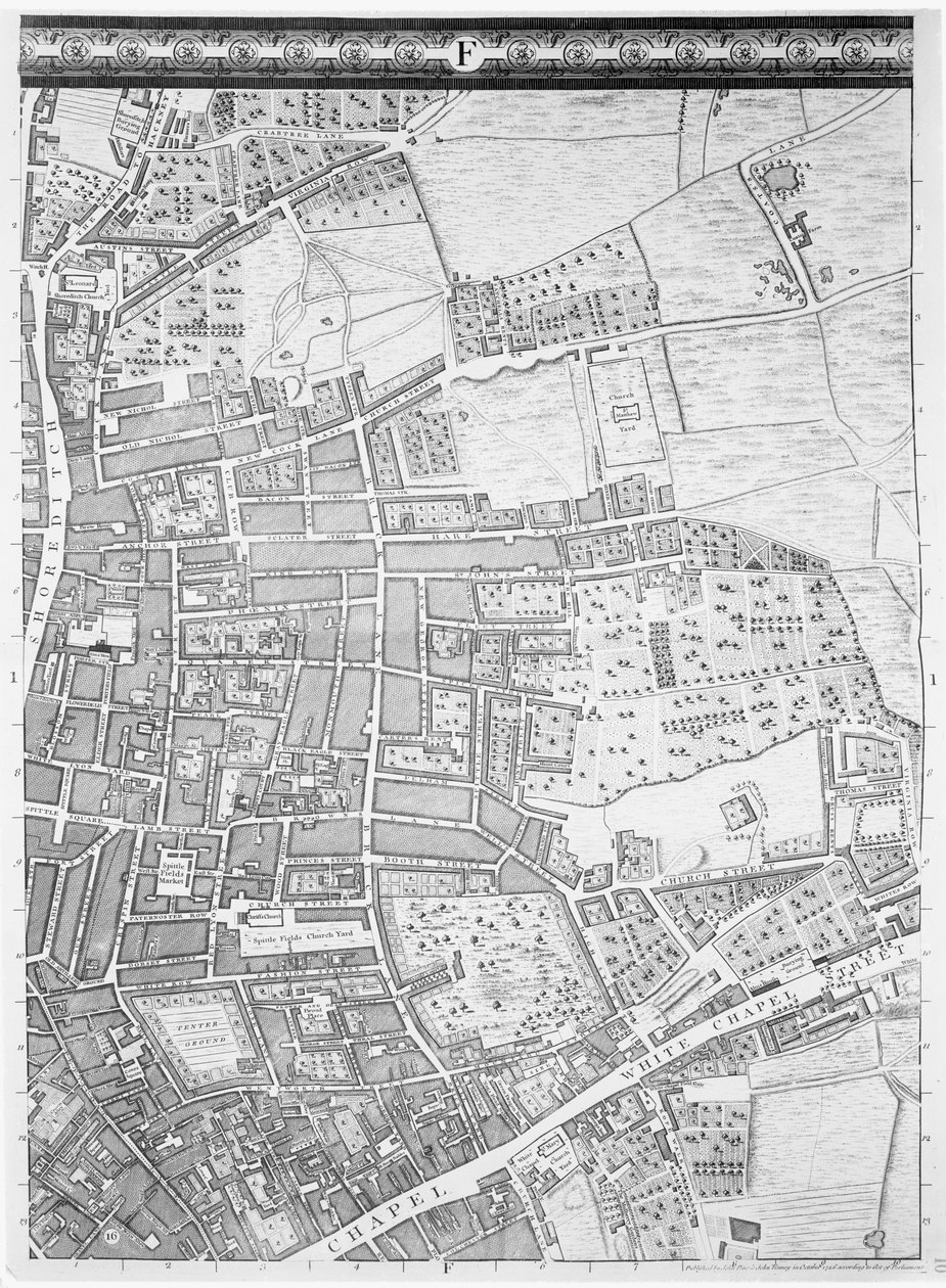 Et kart over Shoreditch og Whitechapel, London, 1746 av John Rocque