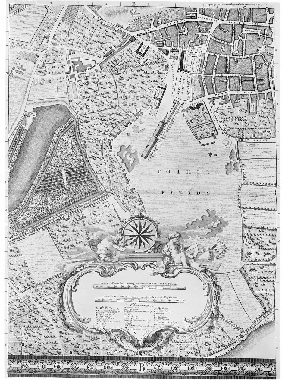 Et kart over Tothill Fields, London, 1746 av John Rocque