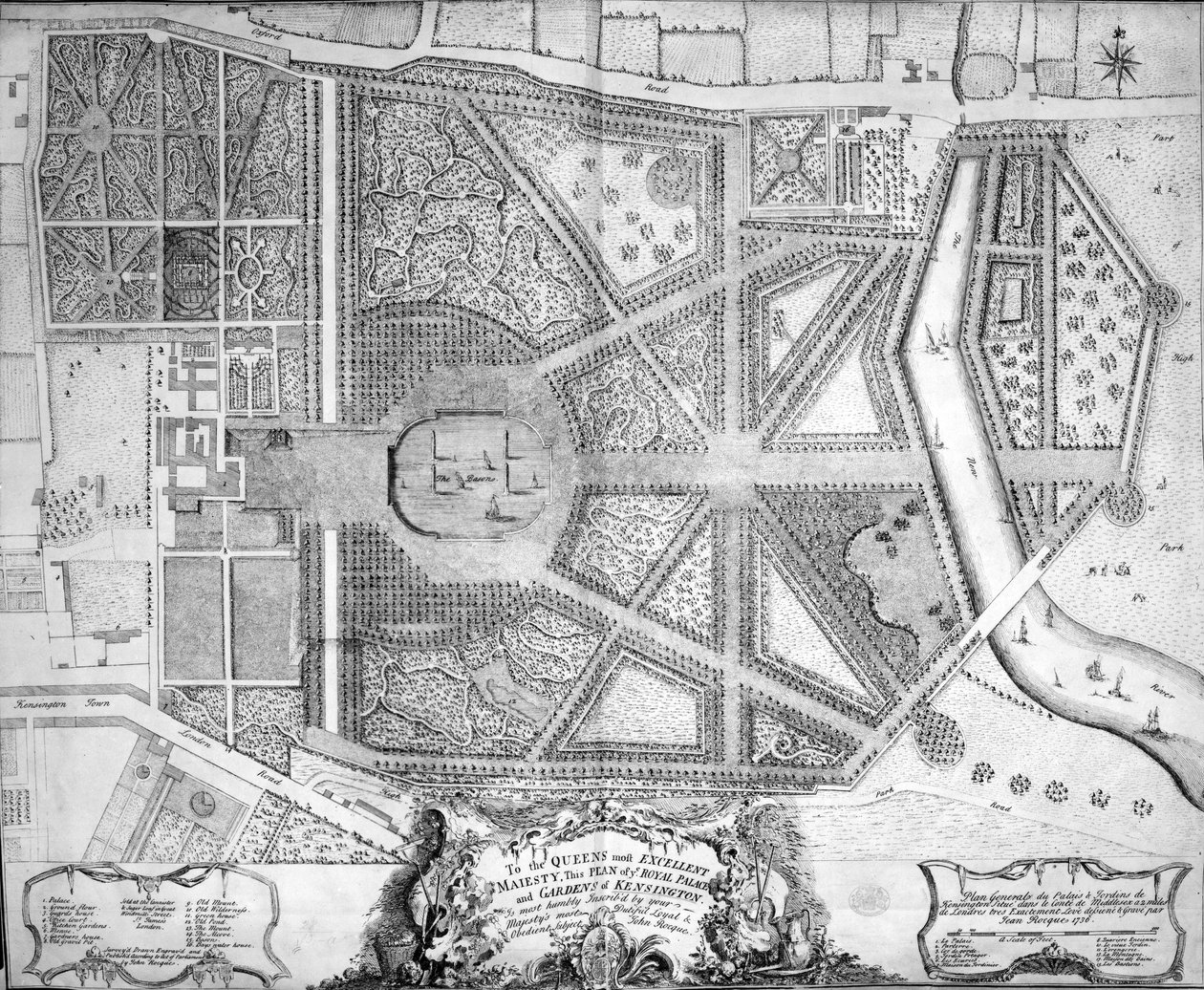 Et kart over Royal Palace and Gardens of Kensington, London, 1736 av John Rocque