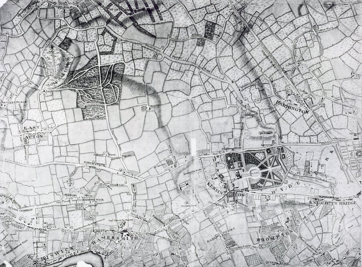 En del av et ark fra undersøkelsen av London og omegn, 1741-5, pub. 1769 av John Rocque