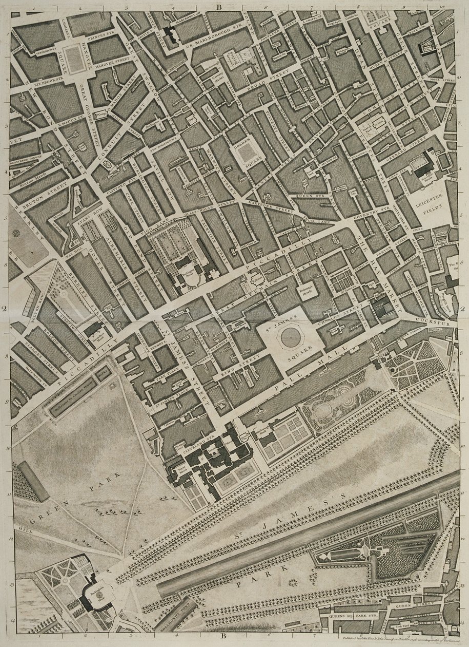Plan over byene London og Westminster og bydel Southwark, gravert av John Tinney, pub. 1746 av John Rocque