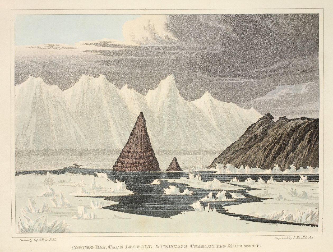 Coburg Bay, Cape Leopold og Princess Charlotte Monument, illustrasjon fra "A Voyage of Discovery...", 1819 (håndfarget gravering) av John Ross