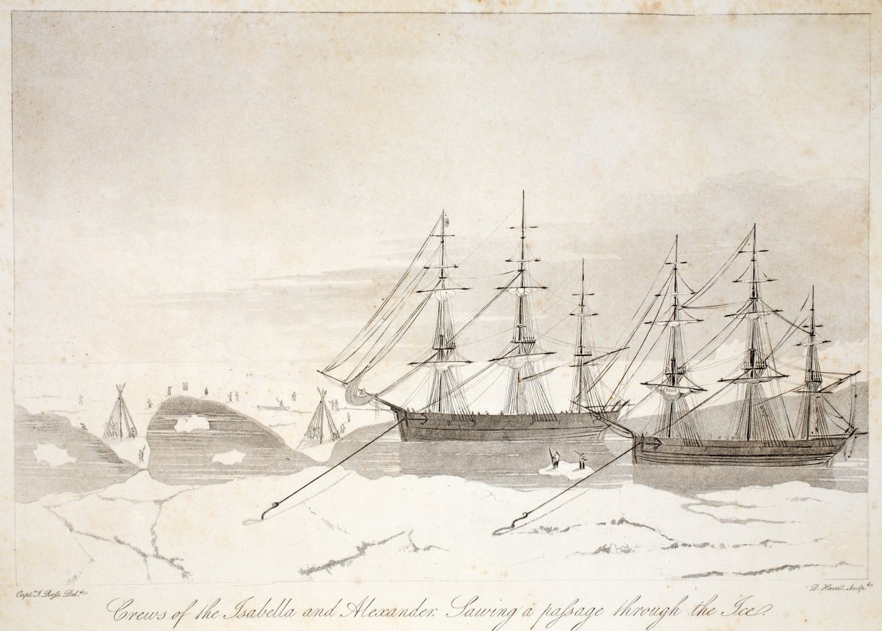 Mannskapene på Isabella og Alexander sager en passasje gjennom isen, illustrasjon fra "A Voyage of Discovery...", 1819 av John Ross