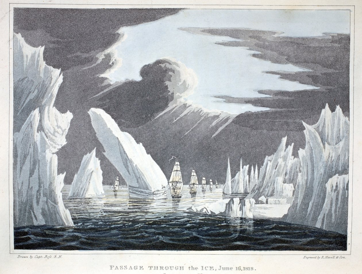 Passage through the Ice, 16. juni 1818, illustrasjon fra "A Voyage of Discovery...", 1819 av John Ross