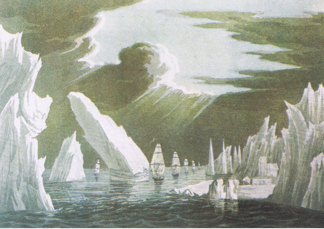 Passasje gjennom isen, juni 1818 Sir John Ross Voyage of Discovery 1819, fra British Adventure utgitt av Collins, 1947 av John Ross