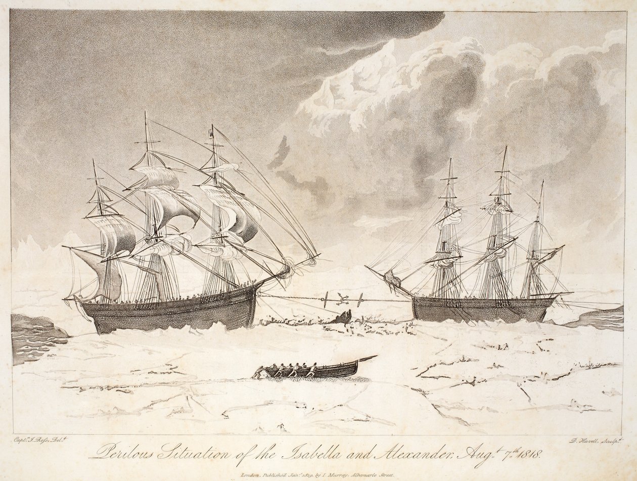 Farlig situasjon for Isabella og Alexander, 7. august 1818, illustrasjon fra "A Voyage of Discovery...", 1819 (håndfarget gravering) av John Ross