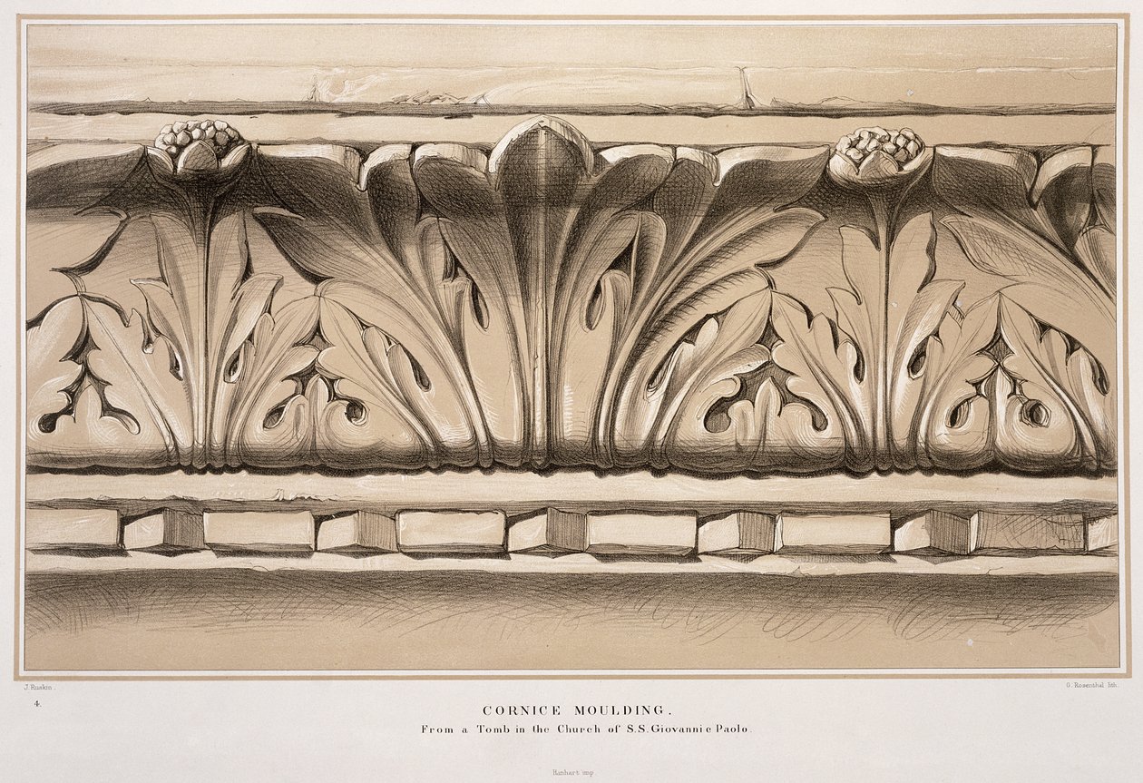 Gesimsstøping, fra en grav i kirken SS Giovanni e Paolo, fra 'Eksempler på arkitekturen i Venezia' av John Ruskin, gravert av G. Rosenthal, 1851 av John Ruskin
