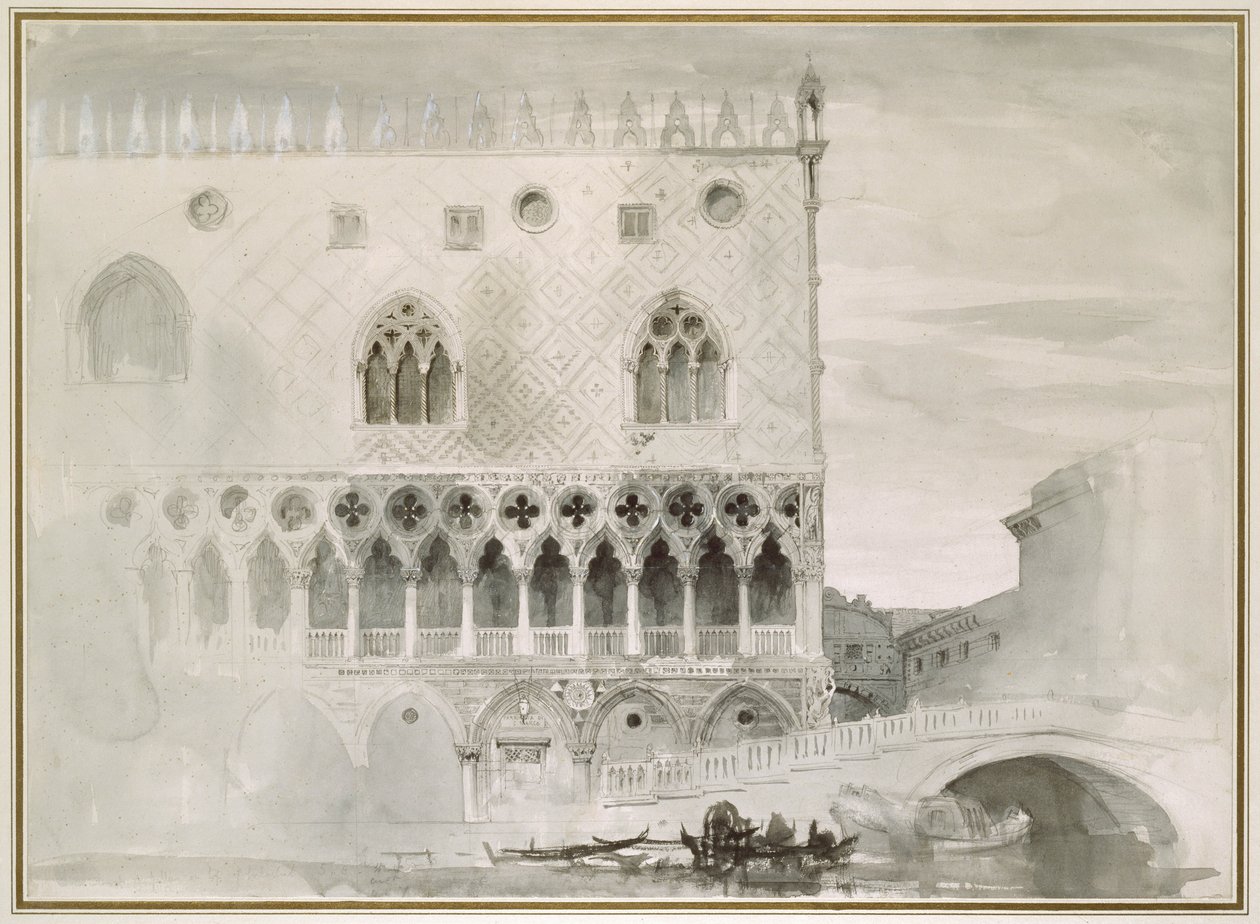 Eksteriør av Ducal Palace, Venezia, 1800-tallet (penn, blekk og vask på papir) av John Ruskin