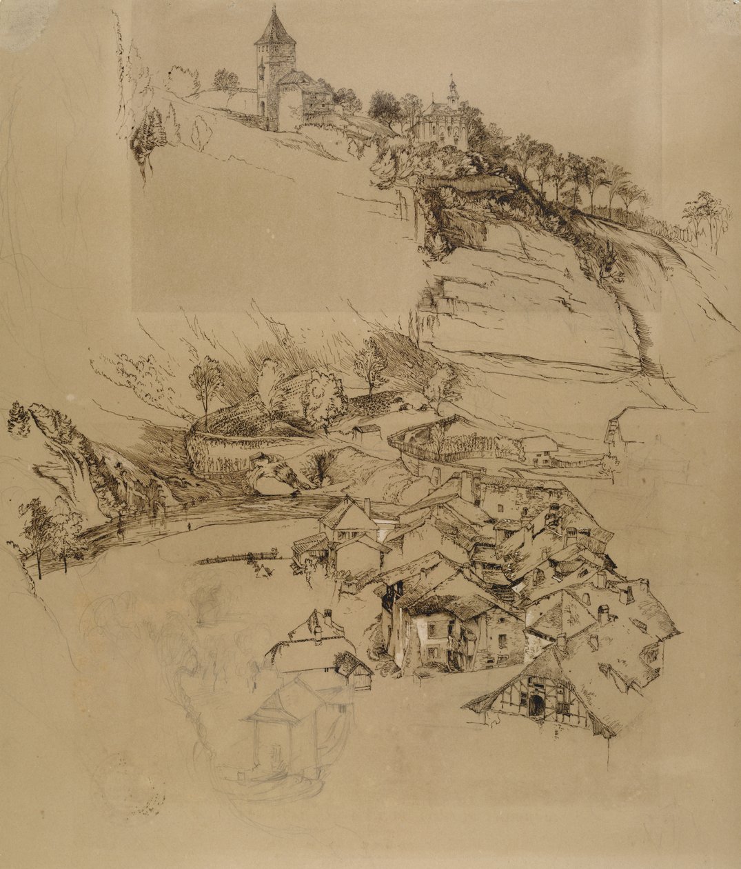 Fribourg, Sveits: Penneskisse, juli eller august - september 1856 (penn og grafitt med hvit kroppsfarge på brunt vevd papir) av John Ruskin
