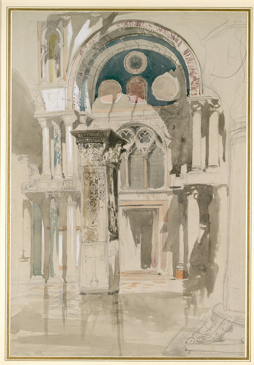 Del av Markuskirken, Venezia: Sketch after Rain, 27. mai 1846 (akvarell og kroppsfarge og blekk over grafitt på grått vevd papir) av John Ruskin