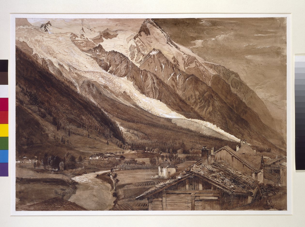 Recto: The Glacier des Bossons, Chamonix, juni 1849 (penn og vask i sepia-blekk og kroppsfarge, over grafitt på vevd papir) av John Ruskin
