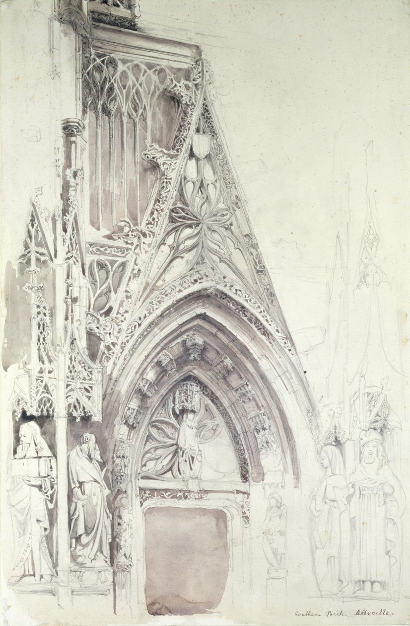 Southern Porch of St. Vulfran, Abbeville, 1800-tallet (blyant, blekk og vask på papir) av John Ruskin