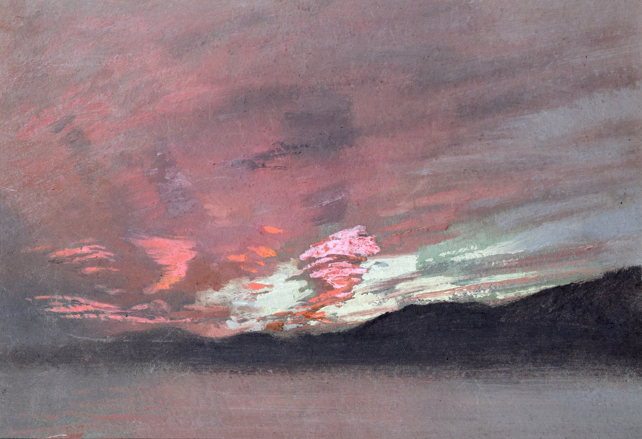 Stormfull solnedgang fra Brantwood, Ruskins hjem i Cumbria (gouache) av John Ruskin