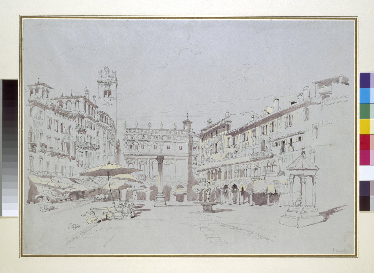Study for Detail of the Piazza delle Erbe, Verona, 19. mai 1841 grafitt med akvarell og kroppsfarge på grått papir av John Ruskin