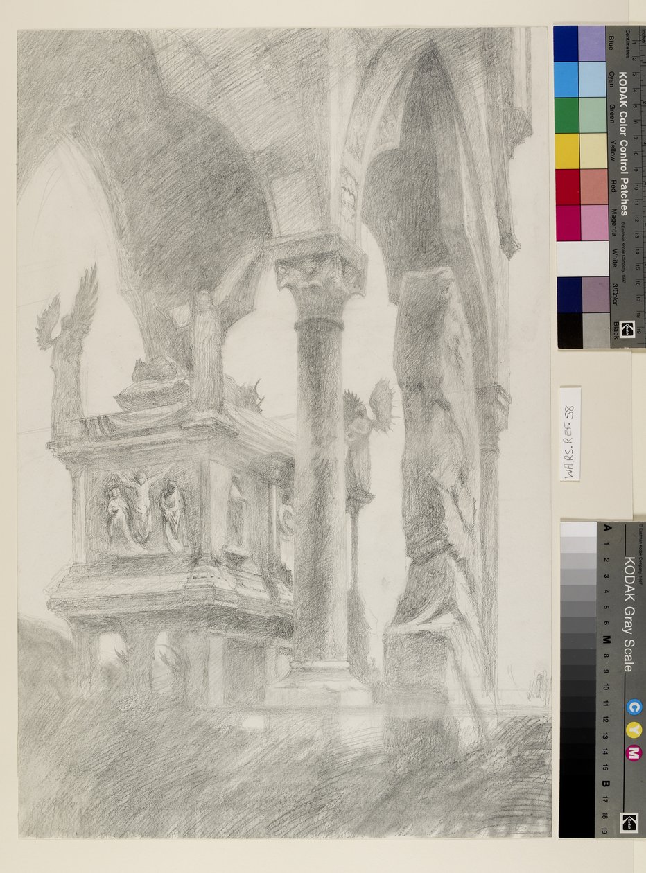Studie for general Chiaroscuro av sarkofagen og baldakinen til graven til Mastino II della Scala i Verona, ca. 1869 (grafitt på papir) av John Ruskin