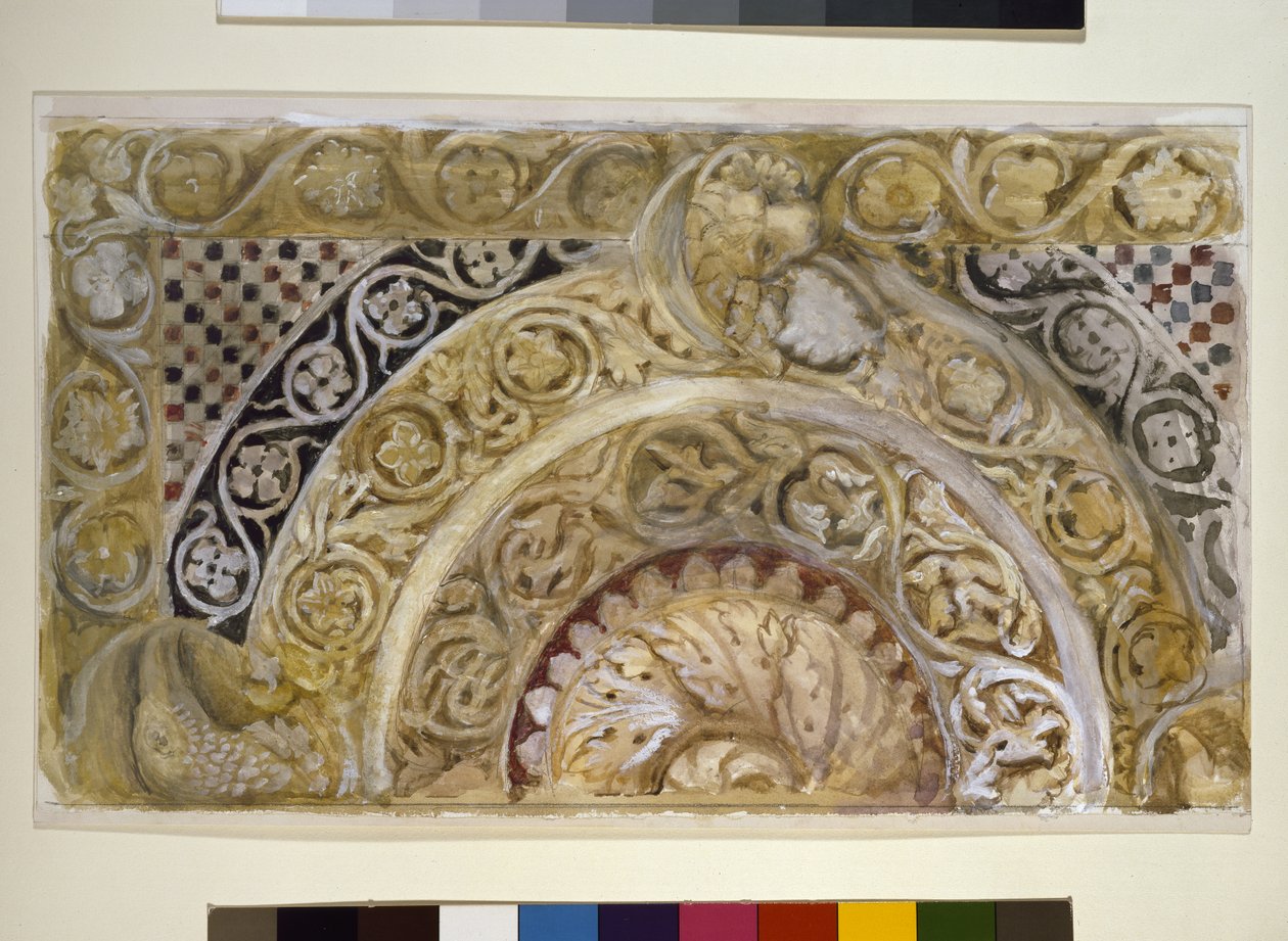 Studie av et panel om døpefonten i Pisa, 27. - 29. april 1872 (akvarell og kroppsfarge over grafitt på vevd papir) av John Ruskin