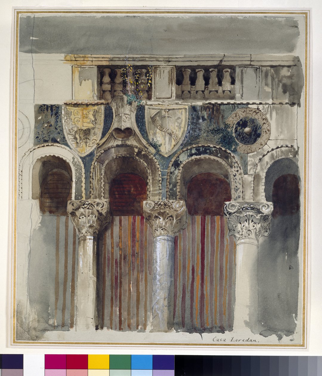 Studie av marmorinnlegget på forsiden av Casa Loredan, Venezia, september - oktober 1845 (akvarell, kroppsfarge og penn og blekk over grafitt på blekgråt vevd papir) av John Ruskin