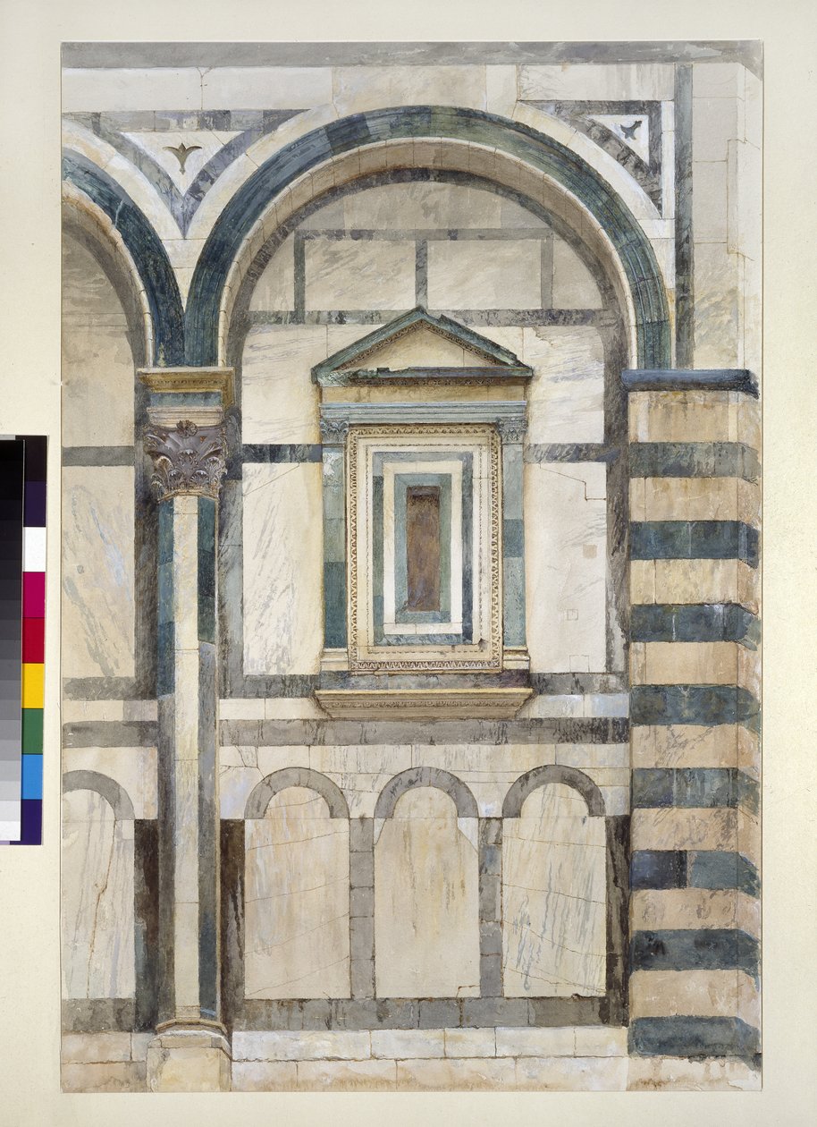 Baptisteriet, Firenze: Studie av den øvre delen av det høyre kupeen på den sørvestlige fasaden, 1. - 14. juni 1872 (akvarell og kroppsfarge over grafitt på vevd papir) av John Ruskin