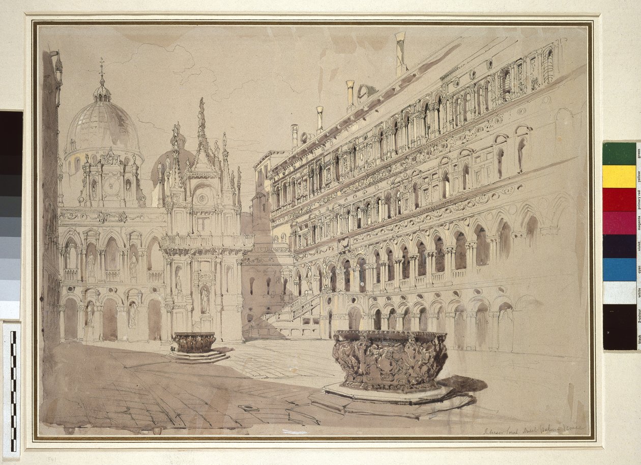 Court of the Ducal Palace, Venezia, mai 1841 (grafitt, akvarell, kroppsfarge og penn og blekk på blekgråt vevd papir) av John Ruskin