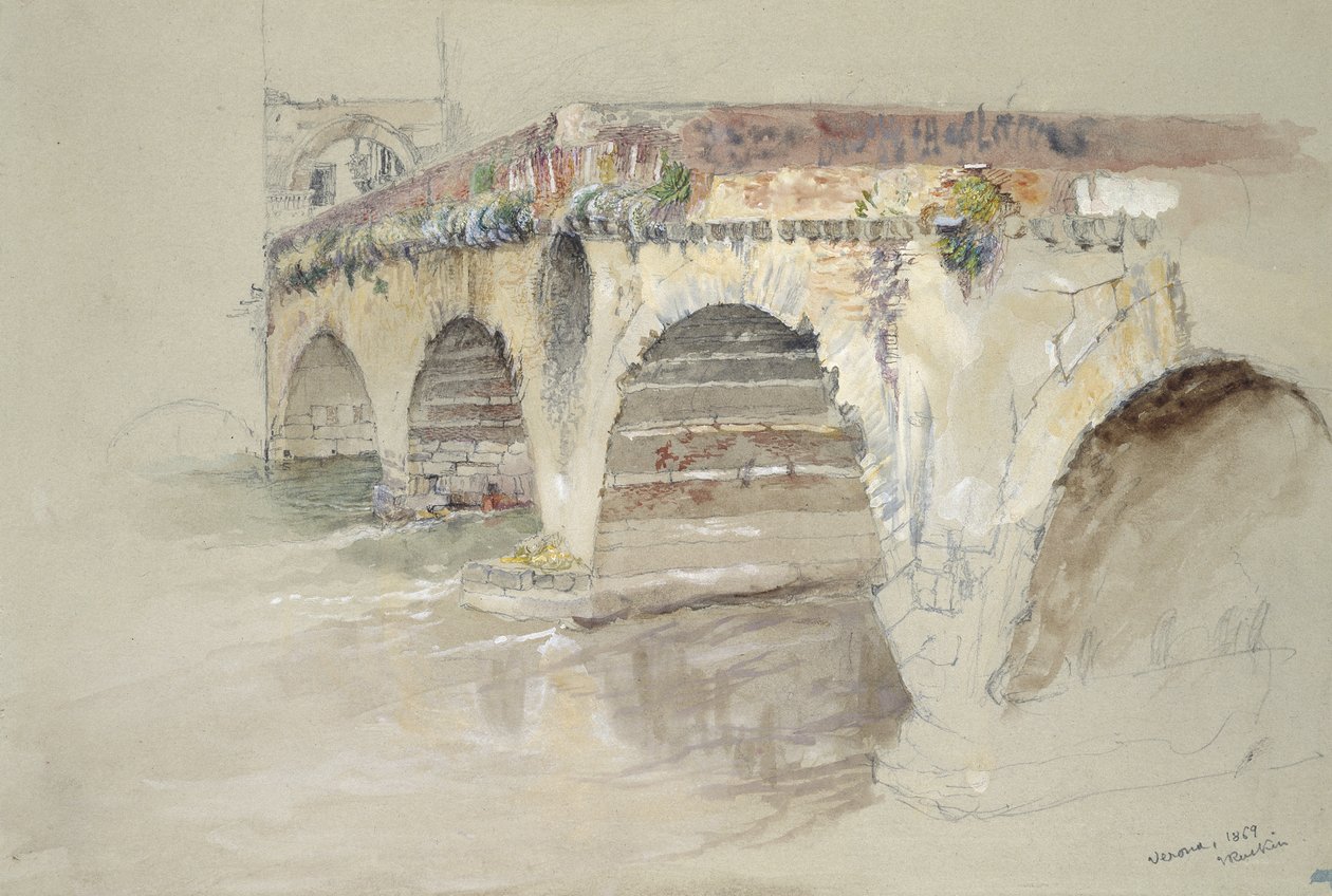 Ponte della Pietra, Verona, 14. - 17. juni 1869 (akvarell og kroppsfarge over grafitt på grått vevd papir) av John Ruskin