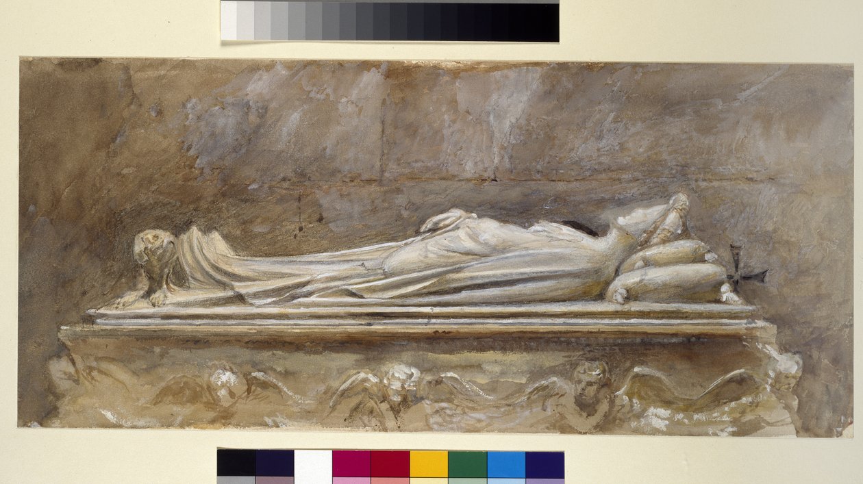 Ilaria del Carettos grav i Duomo, Lucca, 10. august - 26. september 1874 (akvarell og kroppsfarge over grafitt på papir, noen linjer styrte) av John Ruskin